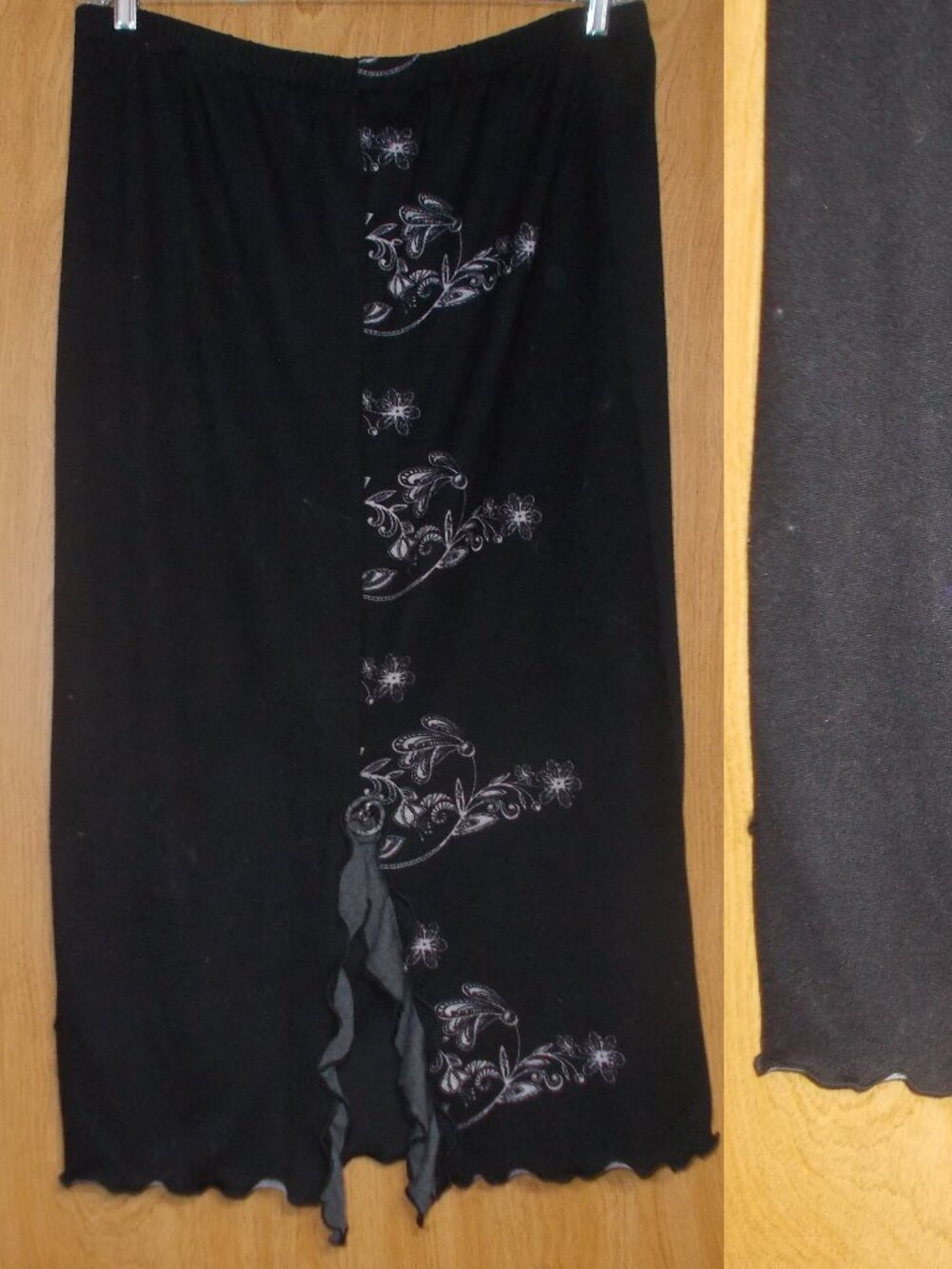 Lee Andersen Maxi Skirt XL Floral Print/Black, Slit + Gray Flounce, Lettuce Edge